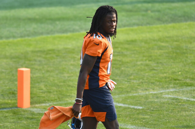 Denver Broncos wide receiver Jerry Jeudy (10) before the start of training camp at the UCHealth Training Center.