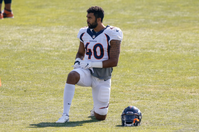 Denver Broncos linebacker Justin Strnad (40) during training camp at Dove Valley.