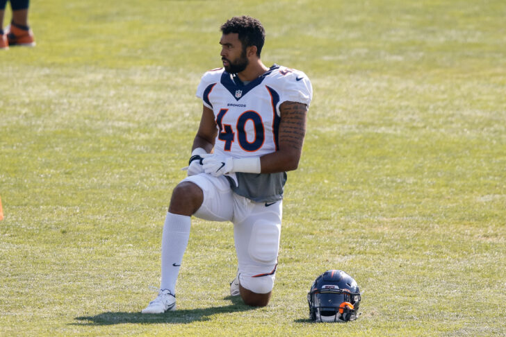 Denver Broncos linebacker Justin Strnad (40) during training camp at Dove Valley.