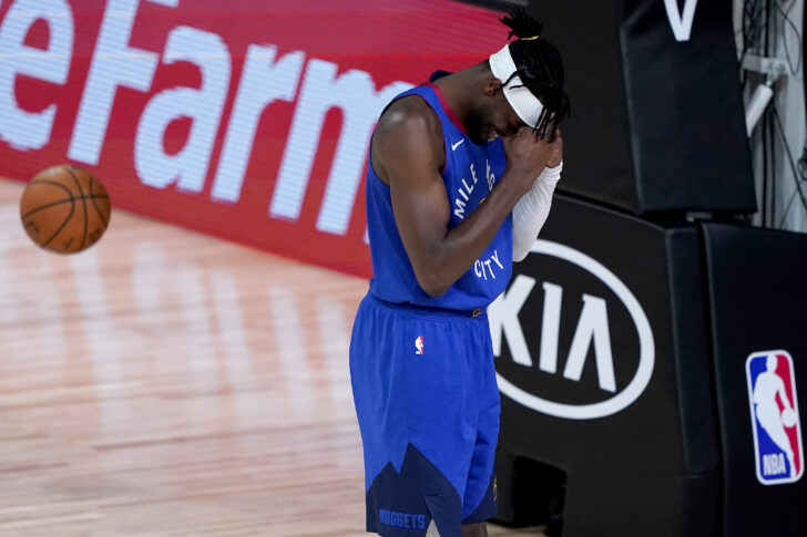 Denver Nuggets' Jerami Grant reacts to a call during the second half of an NBA basketball first round playoff game against the Utah Jazz Friday, Aug. 21, 2020, in Lake Buena Vista, Fla. at AdventHealth Arena.