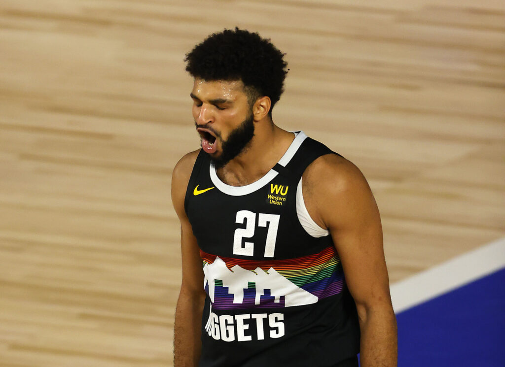 Jamal Murray #27 of the Denver Nuggets reacts after a shot during the fourth quarter against the Utah Jazz in game five of the first round of the 2020 NBA Playoffs at ESPN Wide World of Sports Complex.