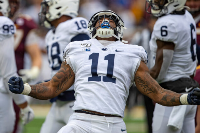 Penn State Nittany Lions linebacker Micah Parsons (11) celebrates after sacking the Minnesota Golden Gophers quarterback Tanner Morgan (not pictured) in the second half at TCF Bank Stadium.