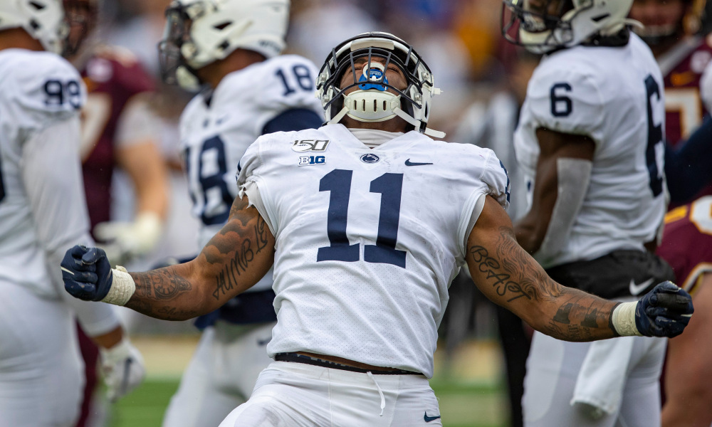 Penn State Nittany Lions linebacker Micah Parsons (11) celebrates after sacking the Minnesota Golden Gophers quarterback Tanner Morgan (not pictured) in the second half at TCF Bank Stadium.