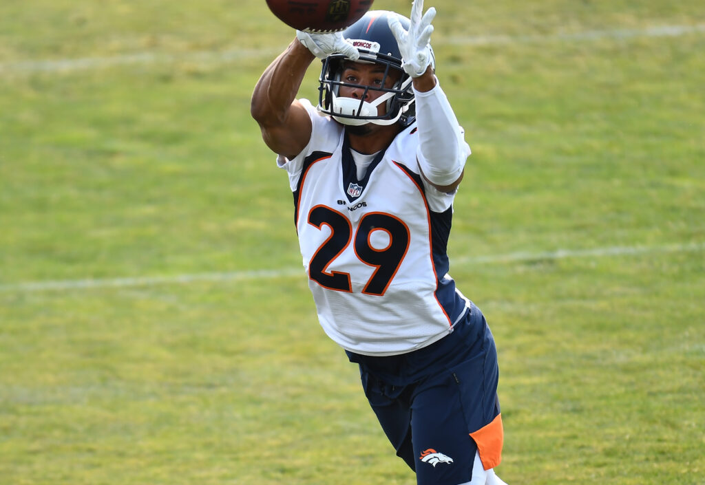 Denver Broncos cornerback Bryce Callahan (29) works out during training camp at the UCHealth Training Center.