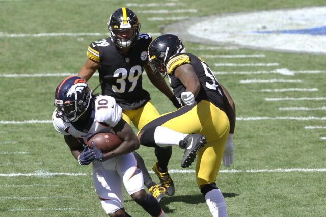 Jerry Jeudy catch against Pittsburgh. Credit: Charles LeClaire, USA TODAY Sports.