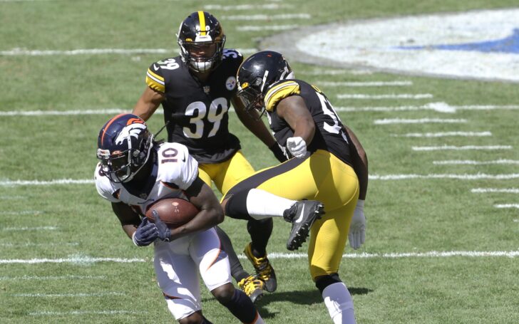 Jerry Jeudy catch against Pittsburgh. Credit: Charles LeClaire, USA TODAY Sports.