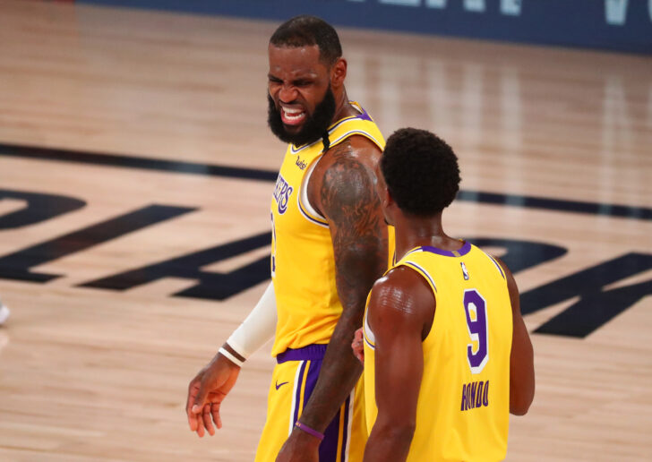 Los Angeles Lakers forward LeBron James (23) walks with guard Rajon Rondo (9) during the second half against the Denver Nuggets in game four of the Western Conference Finals of the 2020 NBA Playoffs at AdventHealth Arena.