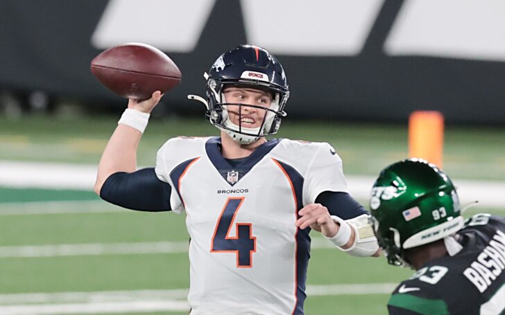 Brett Rypien throws in his first NFL start. Credit: Vincent Carchietta, USA TODAY Sports.