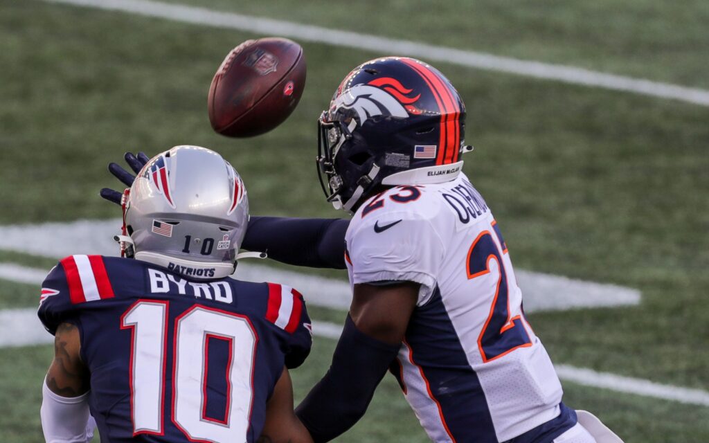 Michael Ojemudia defends a pass on Sunday. Credit: Paul Rutherford, USA TODAY Sports.