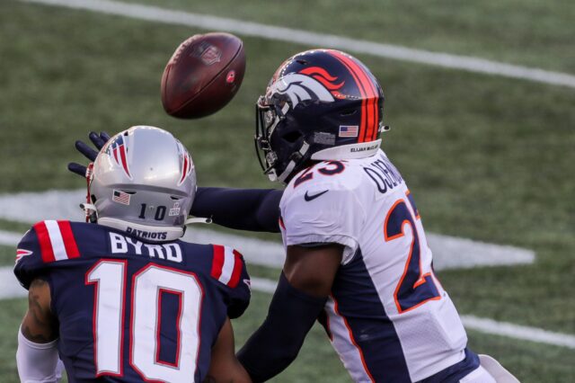 Michael Ojemudia defends a pass on Sunday. Credit: Paul Rutherford, USA TODAY Sports.