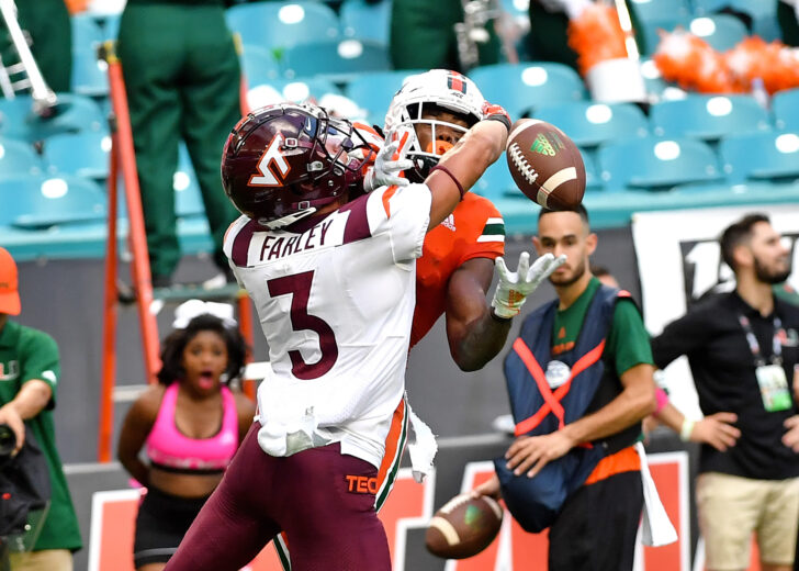 Miami Hurricanes wide receiver K.J. Osborn (2) is unable to make a catch as Virginia Tech Hokies defensive back Caleb Farley (3) defends the play during the second half at Hard Rock Stadium.