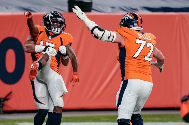 Garett Bolles celebrates a touchdown with teammates. Credit: Isiah J. Downing, USA TODAY, Sports.