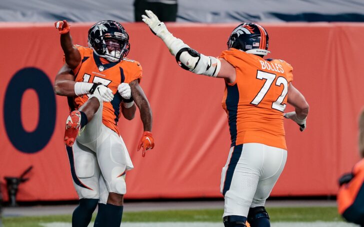 Garett Bolles celebrates a touchdown with teammates. Credit: Isiah J. Downing, USA TODAY, Sports.