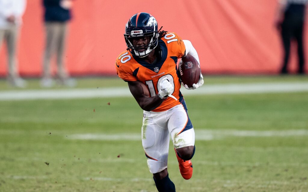 Jerry Jeudy runs in the open field. Credit: Isaiah J. Downing, USA TODAY Sports.