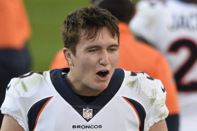 Drew Lock celebrates. Credit: Bob Donnan, USA TODAY Sports.