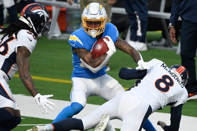 Brandon McManus tries to make a tackle on the opening kickoff which went for 53 yards for the Chargers. Credit: Robert Hanashiro, USA TODAY Sports.