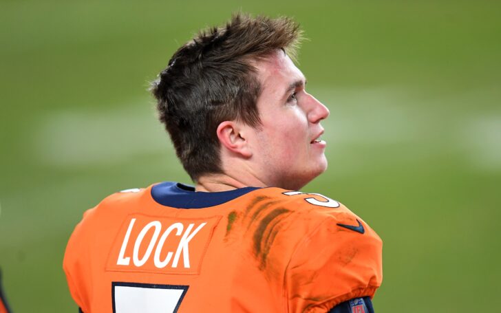 Drew Lock in Broncos 2020 season finale. Credit: Ron Chenoy, USA TODAY Sports.