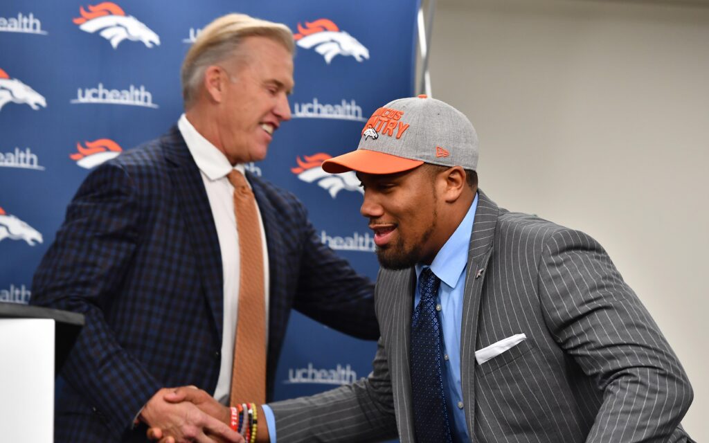 John Elway and Bradley Chubb -- one of the best picks the last four years -- in 2018. Credit: Ron Chenoy, USA TODAY Sports.