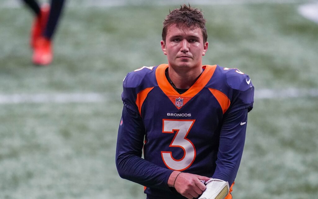 Nov 8, 2020; Atlanta, Georgia, USA; Denver Broncos quarterback Drew Lock (3) leaves the field after the game against the Atlanta Falcons at Mercedes-Benz Stadium. Mandatory Credit: Dale Zanine-USA TODAY Sports