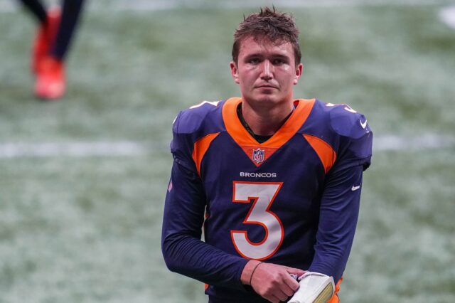 Nov 8, 2020; Atlanta, Georgia, USA; Denver Broncos quarterback Drew Lock (3) leaves the field after the game against the Atlanta Falcons at Mercedes-Benz Stadium. Mandatory Credit: Dale Zanine-USA TODAY Sports