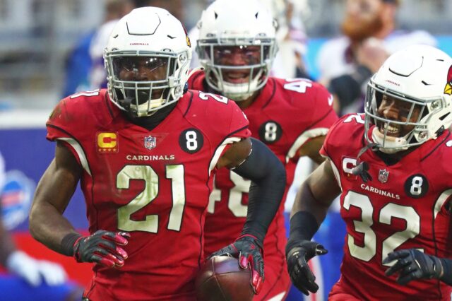 Patrick Peterson celebrates an interception. Credit: Mark J. Rebilas, USA TODAY Sports.