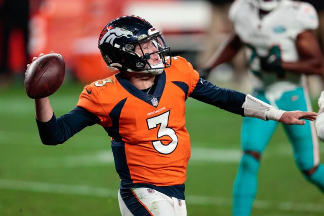 Drew Lock throws off-balance. Credit: Isiah J. Downing, USA TODAY Sports.