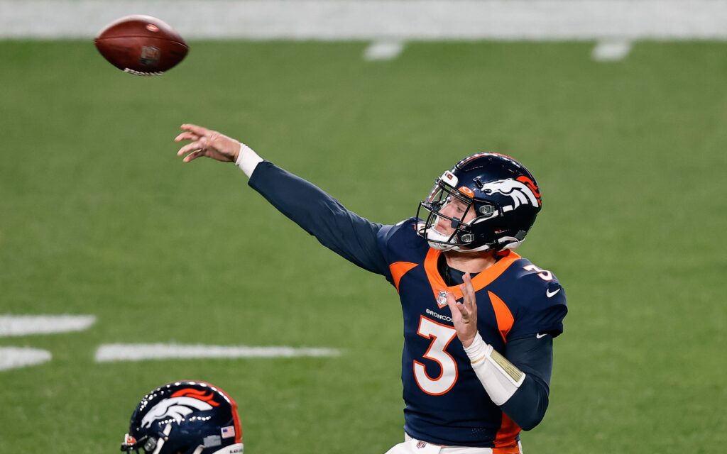 Drew Lock throws deep in September, 2020. Credit: Isaiah J. Downing, USA TODAY Sports.