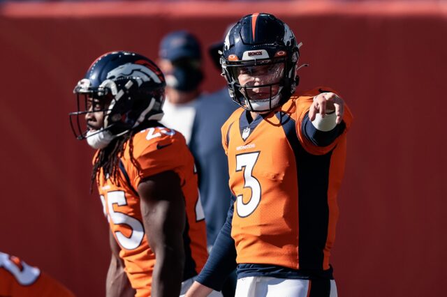 Drew Lock leads the offense pre-play. Credit: Isaiah J. Downing, USA TODAY Sports.