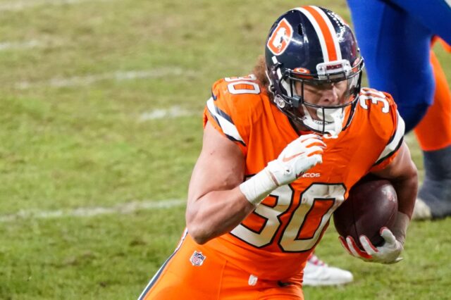 Phillip Lindsay runs versus Buffalo. Credit: Troy Babbitt, USA TODAY Sports.