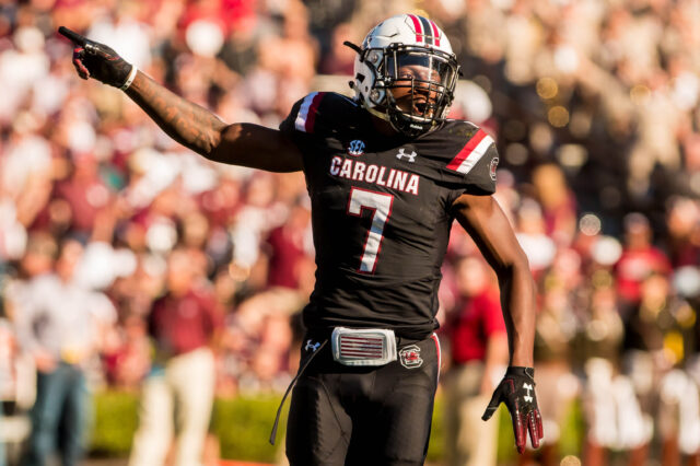 South Carolina Gamecocks defensive back Jaycee Horn (7) celebrates a missed field goal by the Texas A&M Aggies in the second quarter at Williams-Brice Stadium.