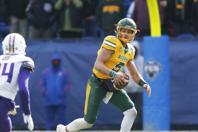 Trey Lance scrambles in the 2020 FCS Championship. Credit: Tim Heitman, USA TODAY Sports.