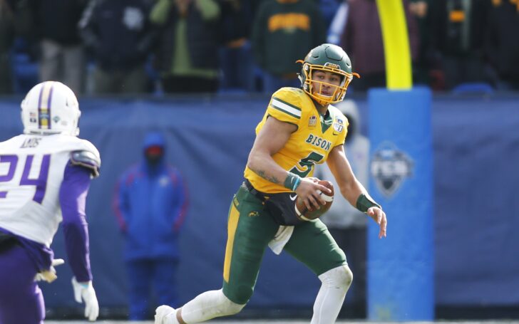 Trey Lance scrambles in the 2020 FCS Championship. Credit: Tim Heitman, USA TODAY Sports.