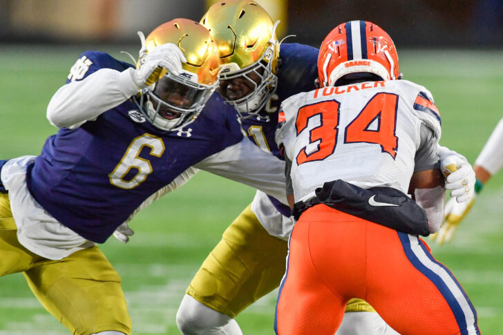 Syracuse Orange running back Sean Tucker (34) is tackled by Notre Dame Fighting Irish linebacker Jeremiah Owusu-Koramoah (6) in the third quarter at Notre Dame Stadium.