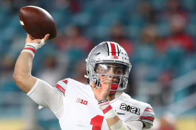 Justin Fields throws in the National Championship. Credit: Mark. J Rebilas, USA TODAY Sports.