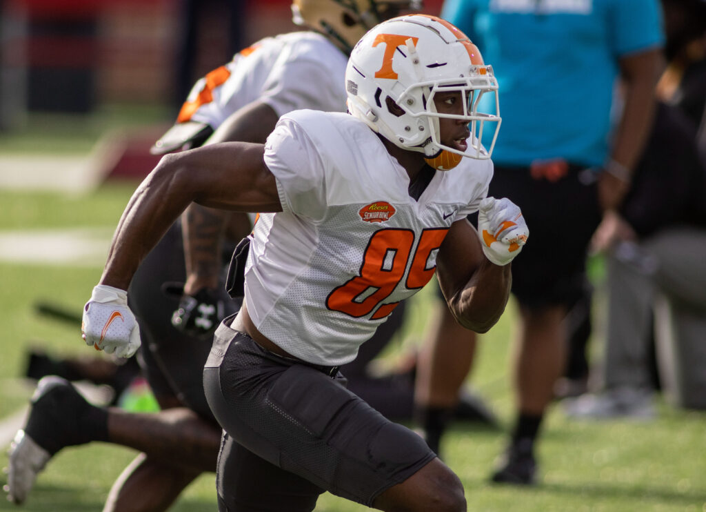 American wide receiver Josh Palmer of Tennessee (85) runs a route during American practice at Hancock Whitney Stadium in Mobile, Alabama, USA