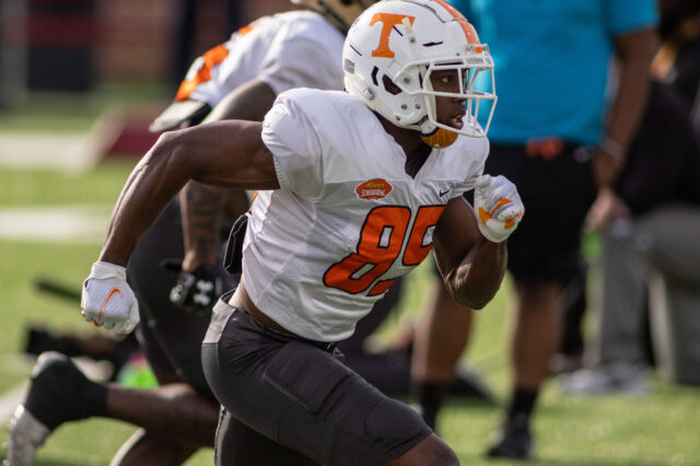 American wide receiver Josh Palmer of Tennessee (85) runs a route during American practice at Hancock Whitney Stadium in Mobile, Alabama, USA