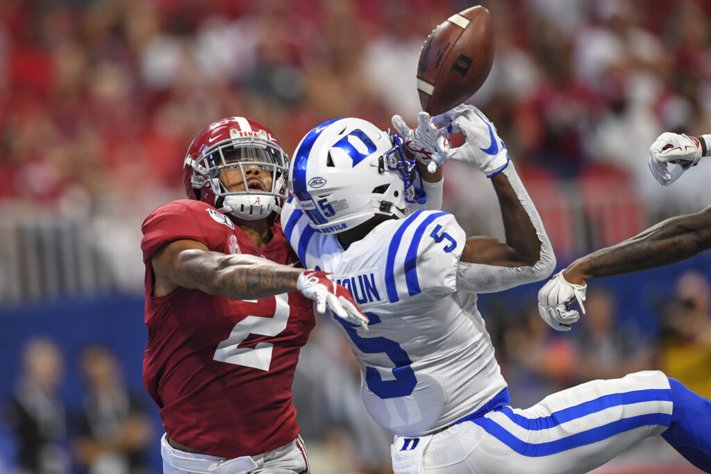 Alabama Crimson Tide defensive back Patrick Surtain II (2) defends a pass against Duke Blue Devils wide receiver Jalon Calhoun (5) during the first quarter at Mercedes-Benz Stadium.