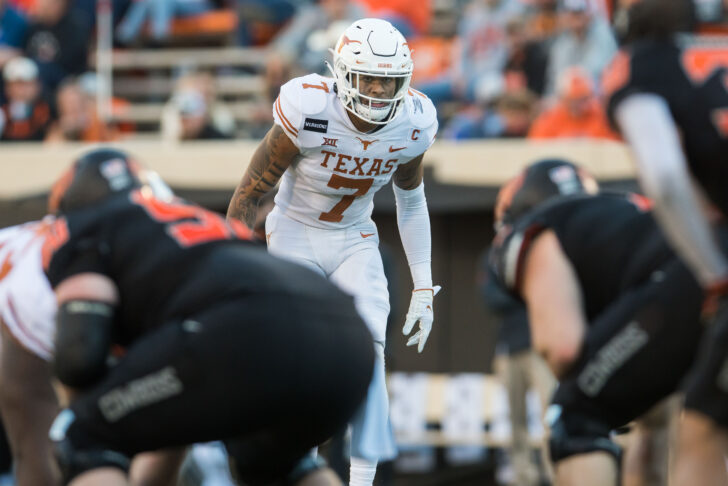 Texas Longhorns defensive back Caden Sterns (7) looks over the Oklahoma State Cowboys offense during the third quarter at Boone Pickens Stadium.