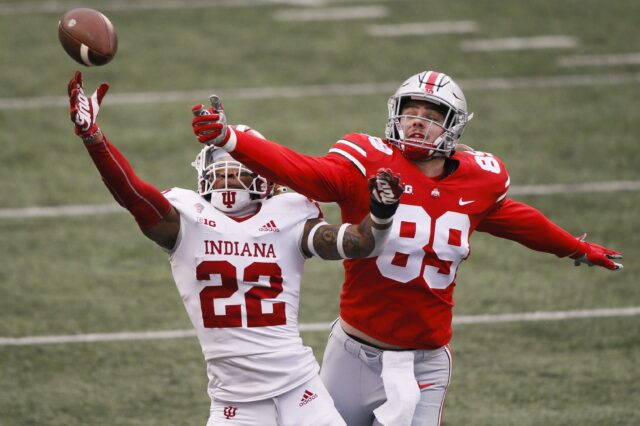 Ohio State Buckeyes tight end Luke Farrell (89) misses a pass under pressure from Indiana Hoosiers defensive back Jamar Johnson (22) during the first quarter of a NCAA Division I football game between the Ohio State Buckeyes and the Indiana Hoosiers on Saturday, Nov. 21, 2020 at Ohio Stadium in Columbus, Ohio.