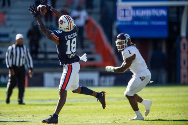 Auburn wide receiver Seth Williams (18) catches a pass at Jordan-Hare Stadium in Auburn, Ala., on Saturday, Dec. 5, 2020. Texas A&M defeated Auburn 31-20.