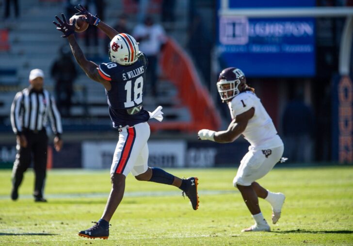 Auburn wide receiver Seth Williams (18) catches a pass at Jordan-Hare Stadium in Auburn, Ala., on Saturday, Dec. 5, 2020. Texas A&M defeated Auburn 31-20.