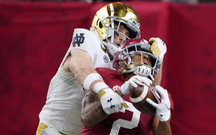 Patrick Surtain uses his crazy 39-inch vertical to pick off a pass. Credit: Kirby Lee, USA TODAY Sports.