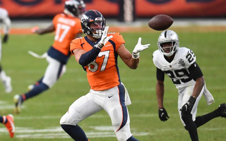 Noah Fant catches one over the middle in Jan. 2021. Credit: Ron Chenoy, USA TODAY Sports.