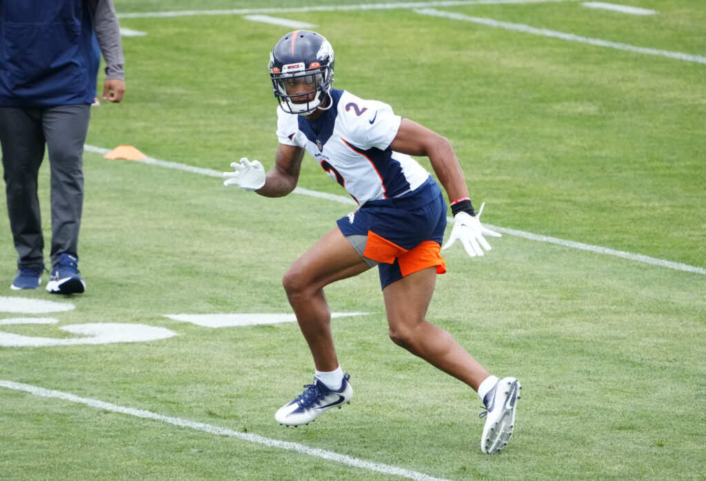 Denver Broncos cornerback Pat Surtain II (2) practices during rookie minicamp at the UCHealth Training Center.