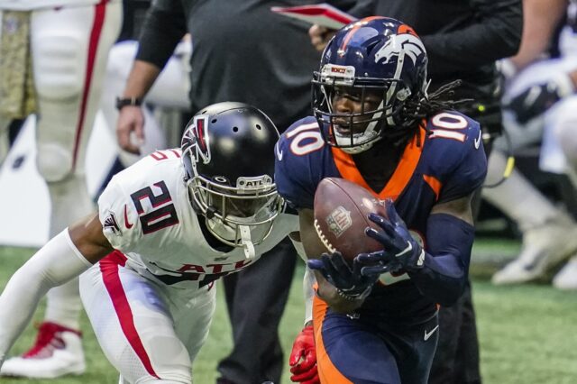 Denver Broncos WR Jerry Jeudy catches a long pass against Atlanta. Credit: Kendall Scheffield, USA TODAY Sports.