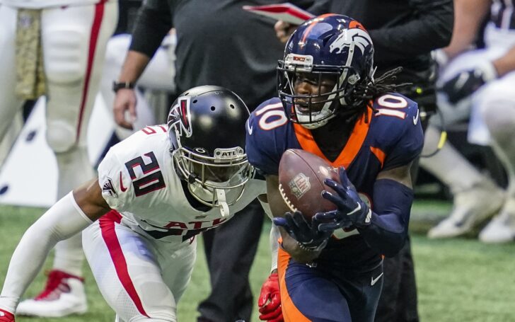 Denver Broncos WR Jerry Jeudy catches a long pass against Atlanta. Credit: Kendall Scheffield, USA TODAY Sports.