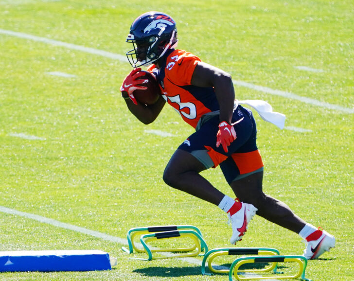 Denver Broncos running back Javonte Williams (33) during organized team activities at the UCHealth Training Center.