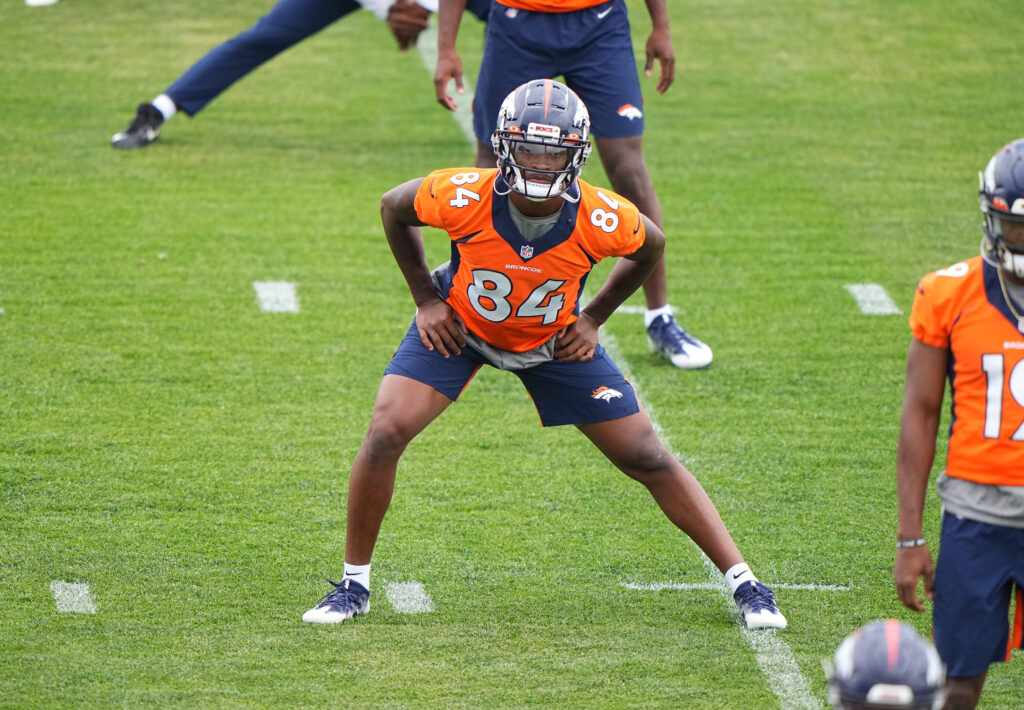 Denver Broncos wide receiver DeVontres Dukes (84) during rookie minicamp at the UCHealth Training Center.