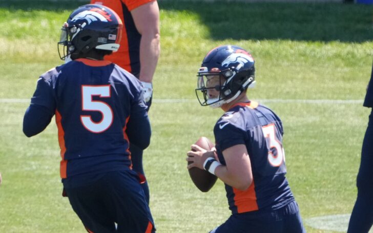 Drew Lock and Teddy Bridgewater in Broncos practices in June. Credit: Ron Chenoy, USA TODAY Sports.