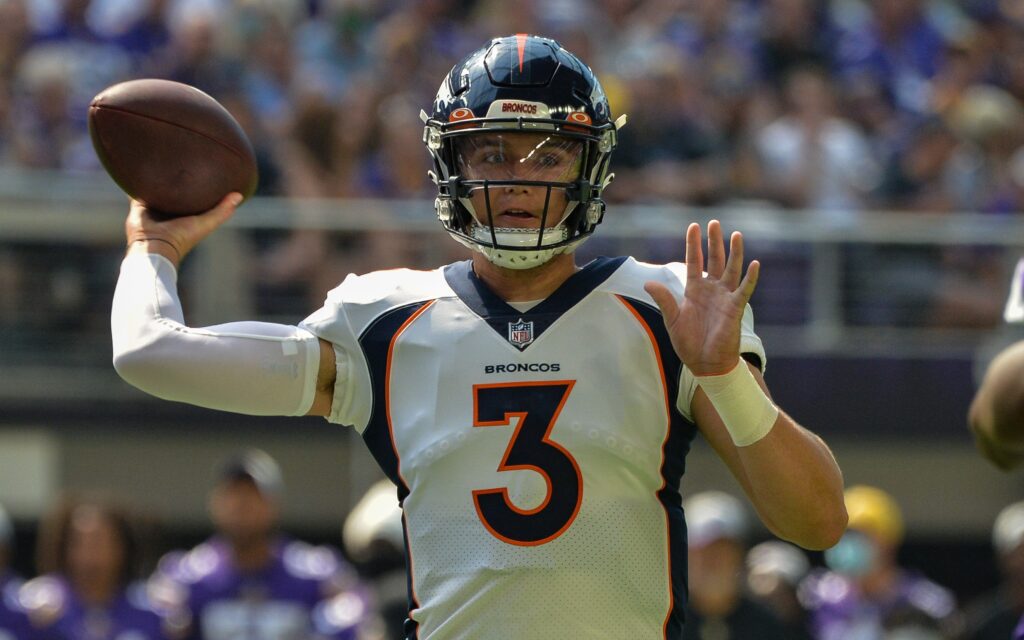 Drew Lock in the Broncos win over the Vikings on Saturday. Credit: Jeffrey Becker, USA TODAY Sports.